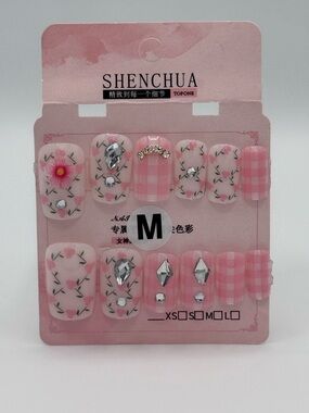 SHENCHUA Pink Floral & Gingham Press-On Nails